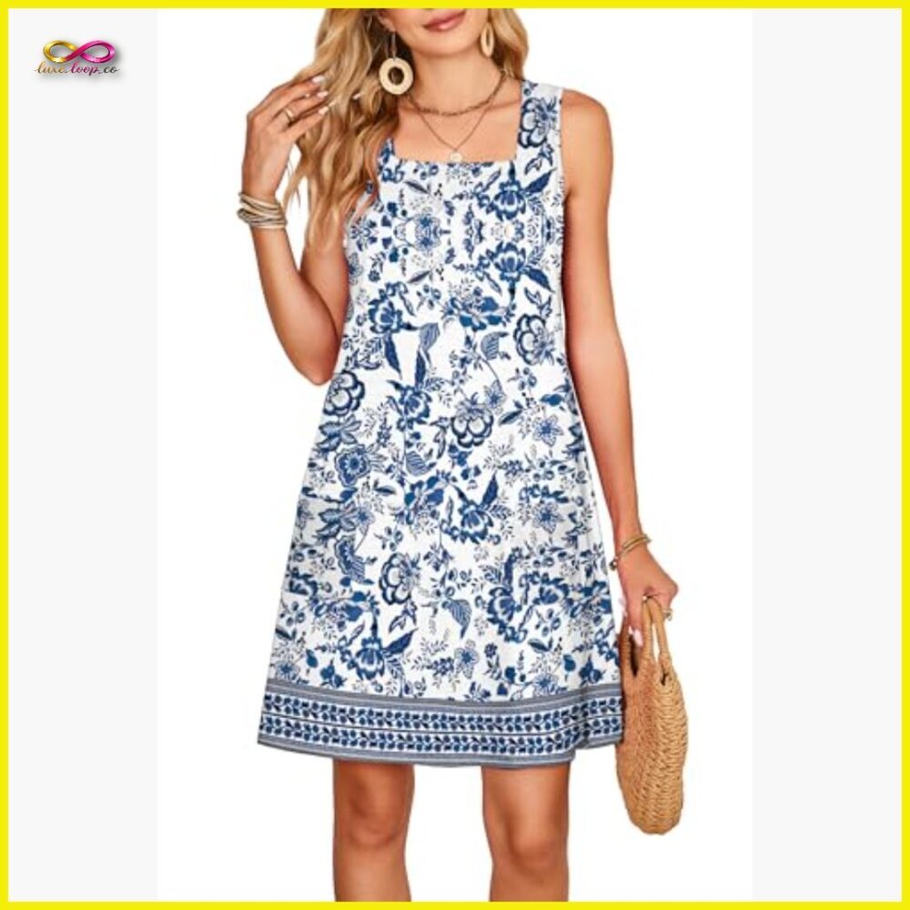 Square Neck Tank Dress Loose Swing Sundress with Pockets Casual Summer - Picture 4 of 7